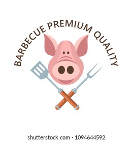 Premium quality barbecue. Vector emblem, logo. Pig's head. Crossed chef fork and shovel. Pork of the highest quality.