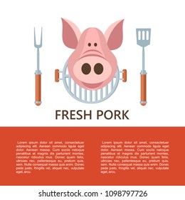 Premium quality barbecue. Vector emblem, logo. Pig head. Chef's fork and shovel. Grille grill. Pork of the highest quality.