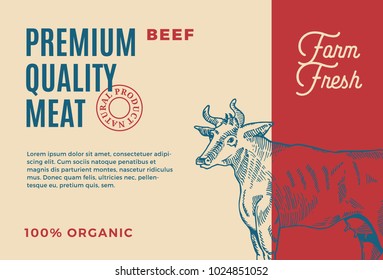 Premium Quality Beef. Abstract Vector Meat Packaging Design or Label. Modern Typography and Hand Drawn Cow Silhouette Background Layout.
