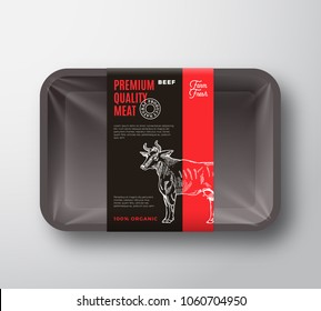 Premium Quality Beef Meat Packaging Design Layout With Label Stripe. Abstract Vector Food Plastic Tray Container With Cellophane Cover. Modern Typography And Hand Drawn Cow Silhouette. Isolated.