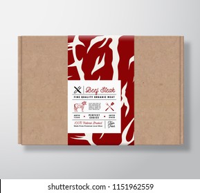 Premium Quality Beef Steak Craft Cardboard Box. Abstract Vector Meat Paper Container with Label Cover. Packaging Design. Modern Typography and Hand Drawn Cow Silhouette Background Layout. Isolated.