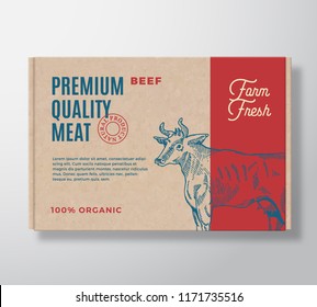 Premium Quality Beef Vector Meat Packaging Label Design on a Craft Cardboard Box Container. Modern Typography and Hand Drawn Cow Silhouette Background Layout.