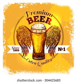 Premium quality beer label with sketch glass of drink with ornament vector illustration
