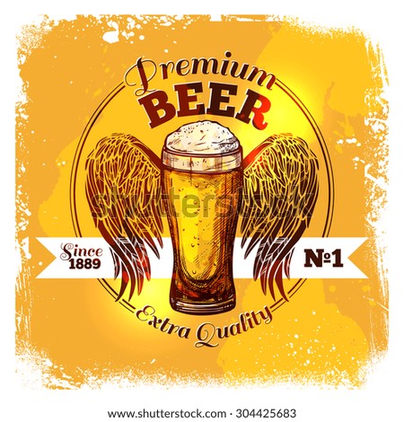 Premium quality beer label with sketch glass of drink with ornament vector illustration