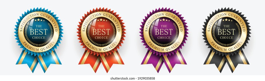 Premium quality Best choice medals set. Realistic golden labels - badges, best choice with ribbon. Realistic icons isolated on transparent background. Vector illustration EPS10	
