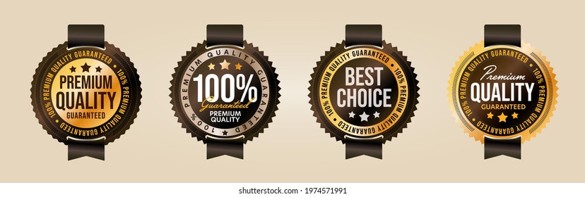 Premium quality and best choice product label, stamp or seal. Set realistic badge with luxury design for exclusive retail merchandise goods of highest class vector illustration isolated