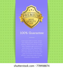 Premium quality best golden label 100% guarantee sticker award, vector illustration certificate label with stars isolated on blue and green background