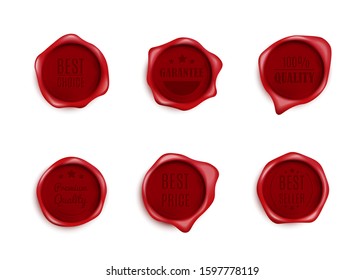 Premium quality, best price red wax seals set of realistic vector illustrations isolated on white background. Guarantee labels or emblems for packaging and advertising.