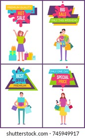 Premium quality best sale only this weekend promo poster including images of family and people shopping on vector illustration isolated on white