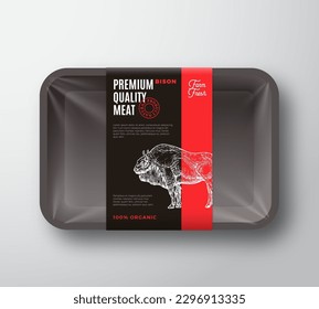 Premium Quality Bison Meat Packaging Design Layout with Label Stripe. Abstract Vector Food Plastic Tray Container with Cellophane Cover Modern Typography and Hand Drawn Buffalo Silhouette Background