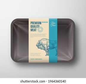 Premium Quality Bison Pack. Abstract Vector Meat Plastic Tray Container with Cellophane Cover. Packaging Design Label. Modern Typography and Hand Drawn Buffalo Silhouette Background Layout. Isolated.