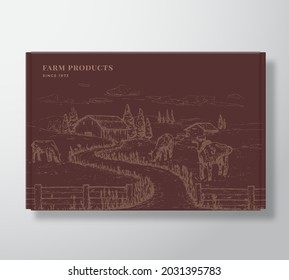 Premium Quality Box Mock Up. Organic Vector Packaging Label Design on a Cardboard Container. Modern Typography and Hand Drawn Countryside Landscape Sketch Background Layout with Cows, and Houses.