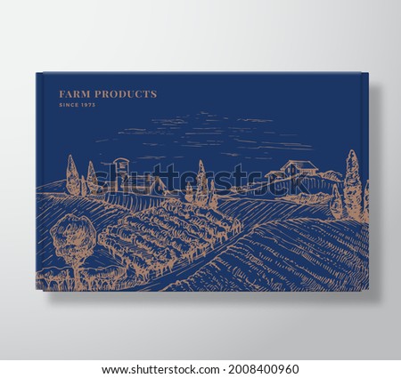 Premium Quality Box Mock Up. Organic Vector Packaging Label Design on a Cardboard Container. Modern Typography and Hand Drawn Rural Farm Landscape Sketch Background Layout.