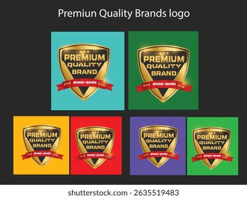 Logotipo de marca de qualidade premium 2025-2026 com escudo dourado e design de fita vermelha