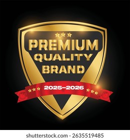 Logotipo de marca de qualidade premium 2025-2026 com escudo dourado e design de fita vermelha