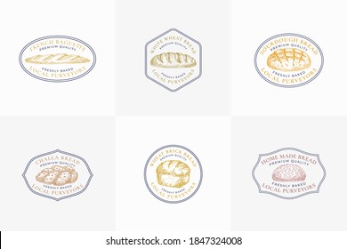 Premium Quality Bread Vector Signs or Logo Templates Collection. Hand Drawn Brick Loafs, Challa and Baguette Sketches Set with Typography. Bakery Emblems Bundle. Isolated.