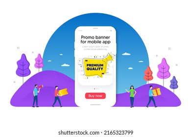 Burbuja de calidad superior. Banner de la interfaz de Phone Ui. Cartel de la oferta de Megaphone. Las citas amarillas citan el icono de la burbuja del chat. Banner de promoción de smartphone móvil. Etiqueta de calidad superior. Hombre con caja de regalo. Vector