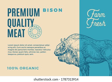 Premium Quality Buffalo. Abstract Vector Meat Packaging Design or Label. Modern Typography and Hand Drawn Buffalo Silhouette Background Layout.