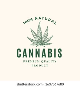 Sinal de vetor abstrato de cannabis de qualidade superior, símbolo ou modelo de logotipo. Esboço de folha de cânhamo verde desenhado à mão Sillhouette com tipografia retro. Emblema de erva de medicina de luxo vintage. Isolado.