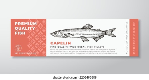 Premium Quality Capelin Vector Packaging Label Design. Modern Typography and Hand Drawn Fish Silhouette Seafood Product Background Layout