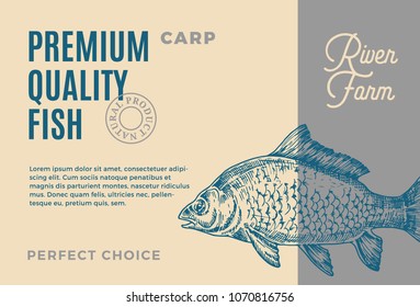 Premium Quality Carp. Abstract Vector Fish Packaging Design or Label. Modern Typography and Hand Drawn Mirror Carp Silhouette Background Layout.