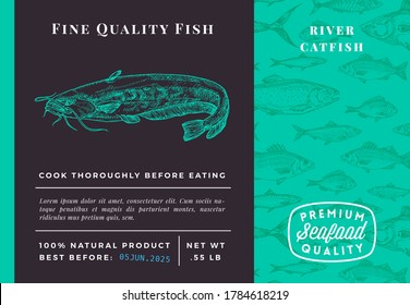 Premium Quality Catfish Abstract Vector Packaging Design or Label. Modern Typography and Hand Drawn Sketch Fish Pattern Background Seafood Layout.