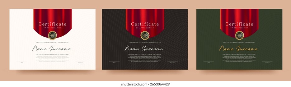 Premium quality certificate of appreciation template with red silk ribbon and golden badge on elegant background