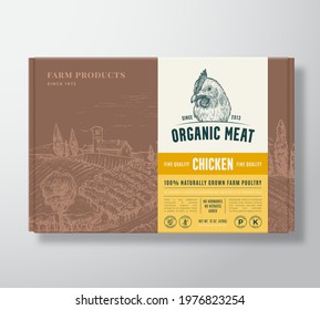 Premium Quality Chicken Meat Mock Up. Vector Poultry Packaging Label Design on a Cardboard Box Container. Modern Typography and Hand Drawn Bird Face and Rural Landscape Sketch Background Layout.