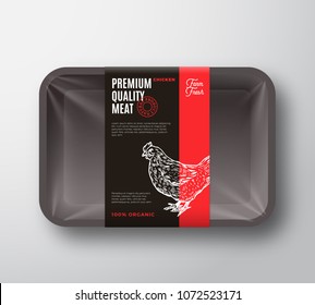 Premium Quality Chicken Meat Package And Label Stripe. Abstract Vector Food Plastic Tray Container With Cellophane Cover. Packaging Design Layout. Hand Drawn Hen Silhouette Background. Isolated.