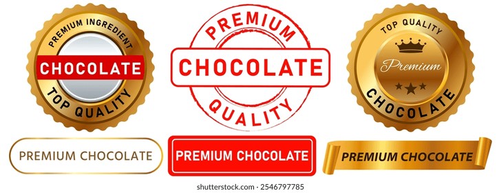 Premium qualidade chocolate snack bar sabor agridoce ingrediente cacau melhor escolha marca produto selo vermelho dourado emblema banner adesivo fita ícone conjunto coleção