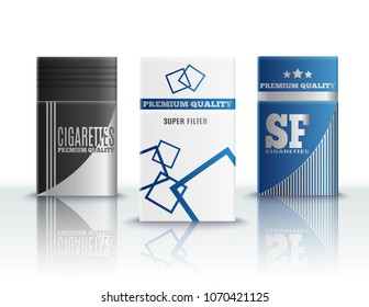 Premium quality cigarettes stylish hard packs design realistic set of 3 on reflective surface 3d vector illustration 