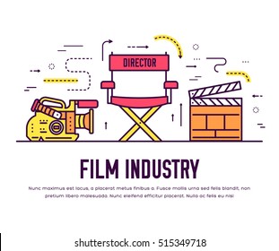 Premium quality cinema industry thin line design set. Filming minimalistic symbol infographic. Outline movie technology template of icon, typography, logo, pictogram and illustration concept 