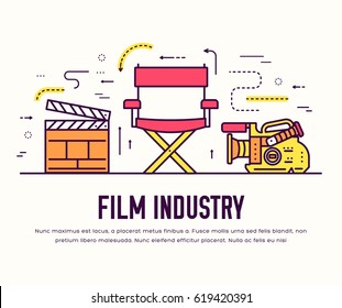 Premium quality cinema industry thin line design set. Filming minimalistic symbol infographic. Outline movie technology template of icon, typography, logo, pictogram and illustration concept