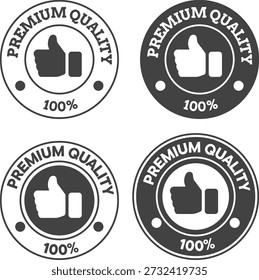 Insignias circulares de calidad de Premium con el ícono de pulgares hacia arriba creado para esfuerzos de marca y marketing