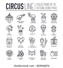 Premium quality circus outline icons collection set.  Festival linear symbol pack. Modern show template of thin line icons, logo, symbols, pictogram and flat illustrations concept