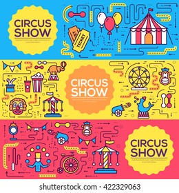 Premium quality circus outline icons infographic set. Festival linear symbol pack. Modern show template of thin line, logo, symbols, pictogram and flat illustrations vector concept banners