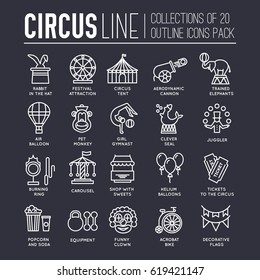Premium quality circus outline icons collection set. Festival linear symbol pack. Modern show template of thin line icons, logo, symbols, pictogram and flat illustrations concept