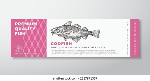 Hochwertiges Codfish Vectorpacking Label Design. Moderne Typografie und handgezeichneter Kabeljaufisch Silhouette Seafood-Produkthintergrund Layout