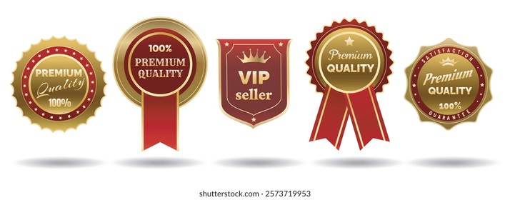 Premium quality colorful badges. Premium certificate VIP seller round badges ribbon set isolated vector illustration