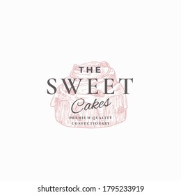 Premium Quality Confectionary Abstract Sign, Symbol or Logo Template. Hand Drawn Cake and Typography. Local Bakery Vector Emblem Concept. Isolated.