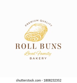 Premium Quality Confectionary Abstract Sign, Symbol or Logo Template. Hand Drawn Roll Bun and Typography. Local Bakery Vector Emblem Concept. Isolated.