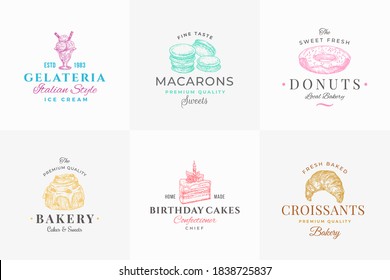 Premium Quality Confectionary Abstract Signs, Symbols or Logo Templates Collection. Hand Drawn Ice Cream, Donut and Cakes with Typography. Local Bakery Vector Emblems Concepts Set. Isolated.