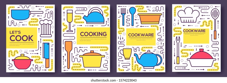 Premium quality cookware vector brochure cards thin line set. Kitchen table linear template of flyer, magazines, posters, book cover, banners. Layout  cooking in house outline modern pages