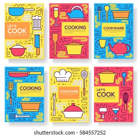 Premium quality cookware vector brochure cards thin line set. Kitchen table linear template of flyear, magazines, posters, book cover, banners. Layout  cooking in house outline modern pages