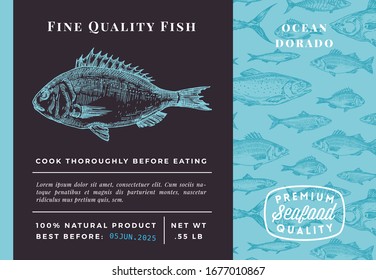 Premium Quality Dorado Abstract Vector Packaging Design or Label. Modern Typography and Hand Drawn Sketch Fish Pattern Background Seafood Layout.