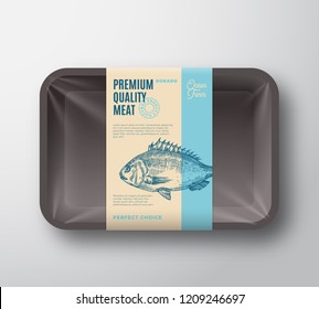 Premium Quality Dorado Pack. Abstract Vector Fish Plastic Tray Container with Cellophane Cover. Packaging Design Label. Modern Typography and Hand Drawn Dorado Silhouette Background Layout. Isolated.