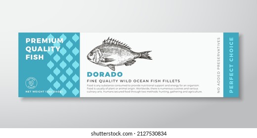 Premium Quality Dorado Vector Packaging Label Design. Modern Typography and Hand Drawn Fish Silhouette Seafood Product Background Layout