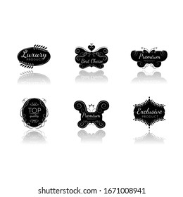 Premium quality drop shadow black glyph icons set. Luxury products, service guarantee. Brand equity assurance. Best choice, exclusive goods badges isolated vector illustrations on white space