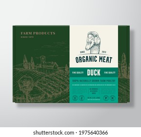 Premium Quality Duck Meat Mock Up. Organic Vector Poultry Packaging Label Design on a Cardboard Box Container. Modern Typography and Hand Drawn Bird Face and Rural Landscape Sketch Background Layout.