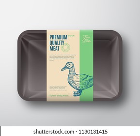 Premium Quality Duck Pack. Abstract Vector Poultry Plastic Tray Container with Cellophane Cover. Packaging Design Label. Modern Typography and Hand Drawn Duck Silhouette Background Layout. Isolated.